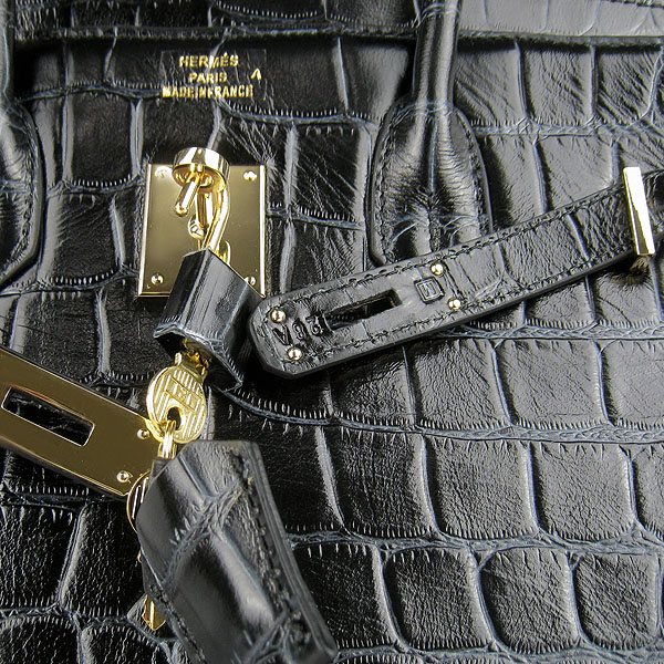 High Quality Fake Hermes Birkin 35CM Crocodile Veins Leather Bag Black 6089